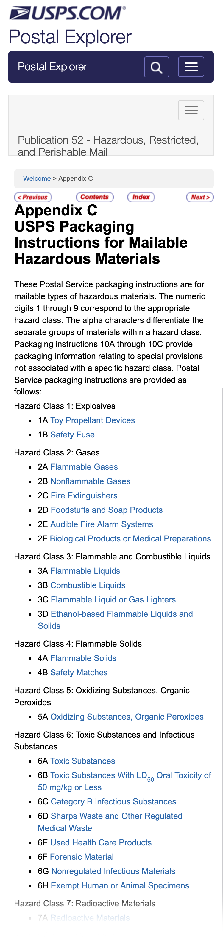 Publication 52, Appendix C USPS packaging instructions for mailable hazardous materials.
