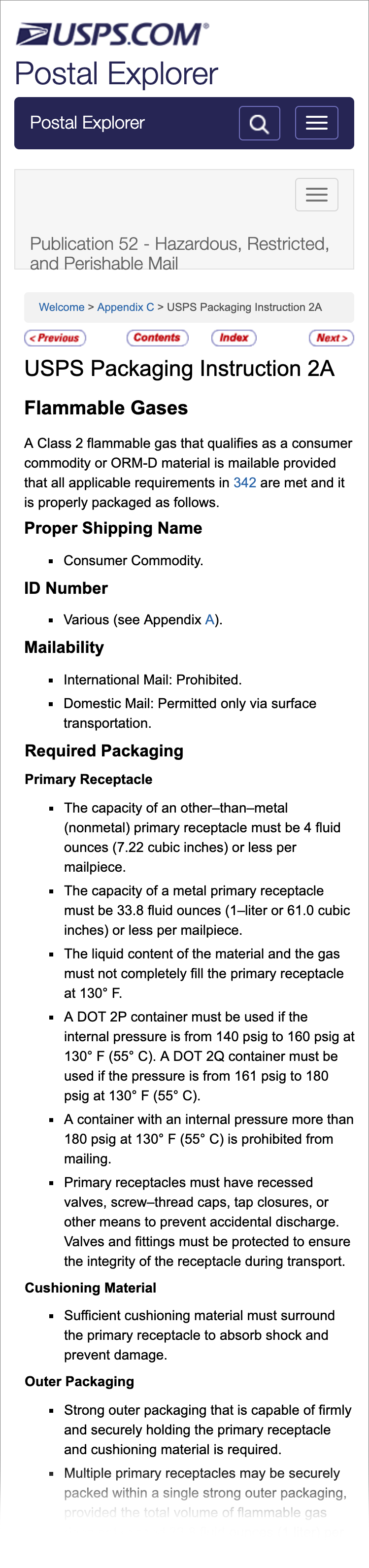 USPS packaging instruction 2A for flammable gases.