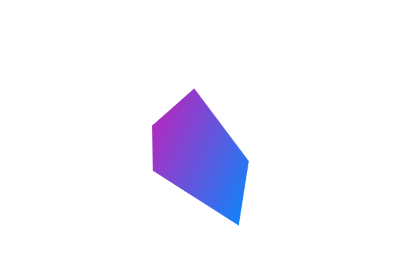 A polygon with an animated blue-to-pink gradient shatters into a three-by-three grid of right triangles with the same gradient effect. Five parallel lines are drawn to the triangle grid from five categories: 'facility certification', 'material quality, origin and weight', 'manufacturing steps completed', 'components tagged', and 'shipping box location'.