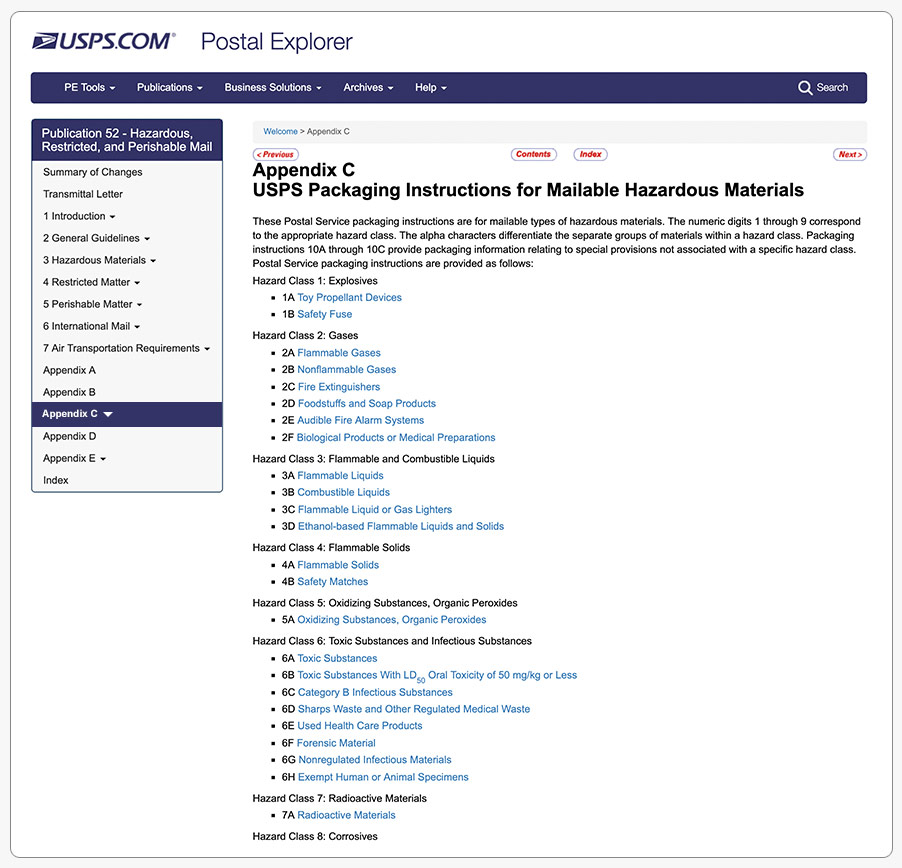 Publication 52, Appendix C USPS packaging instructions for mailable hazardous materials.