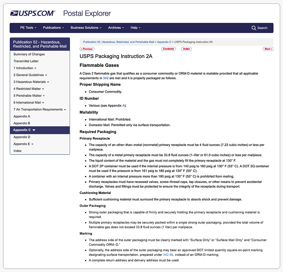 USPS packaging instruction 2A for flammable gases.