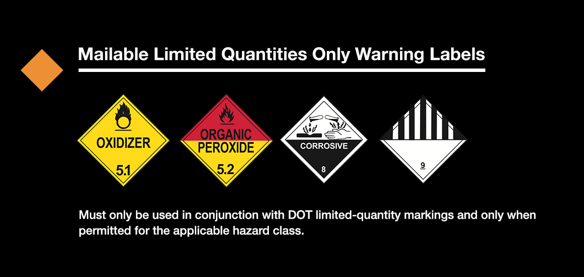 DOT hazardous materials warning labels. Labels permitted for mailable limited quantity only HAZMAT: Division 5.1 oxidizer, Division 5.2 organic peroxide, Class 8 corrosive, and Class 9 miscellaneous dangerous goods.