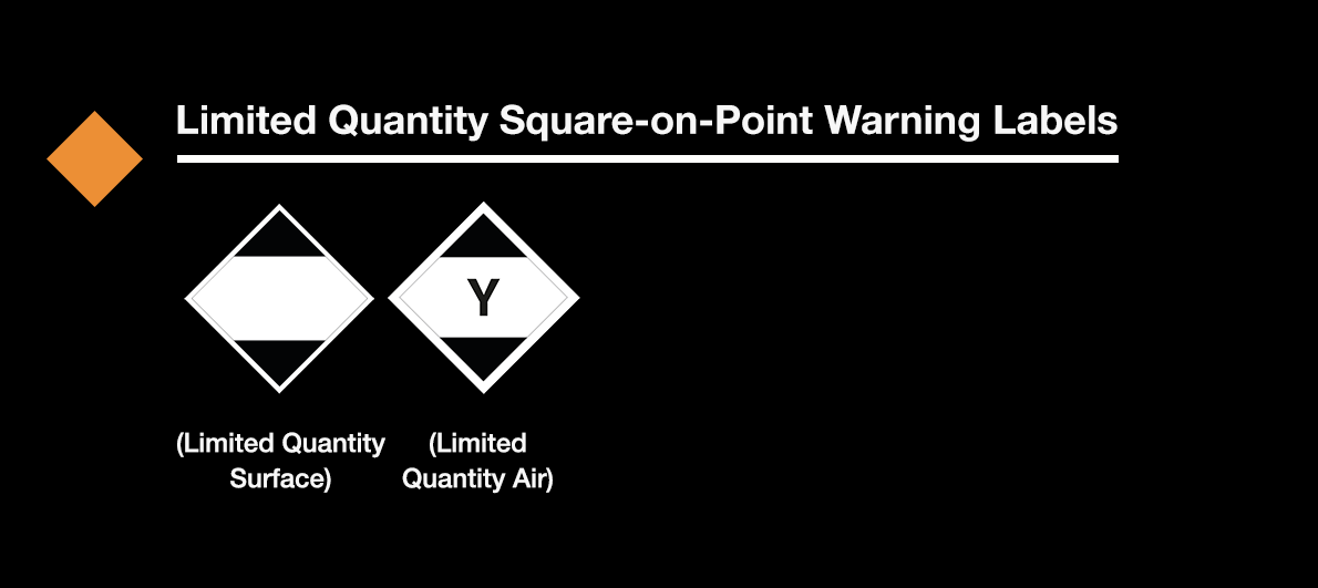 DOT hazardous materials warning labels. Labels permitted for mailable limited quantity square-on-point HAZMAT: limited quantity (surface), limited quantity (air)