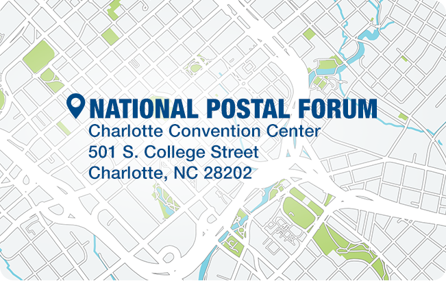 Map location of the National Postal Forum at the Charlotte Convention Center at 501 South College Street, Charlotte, North Carolina 28202.