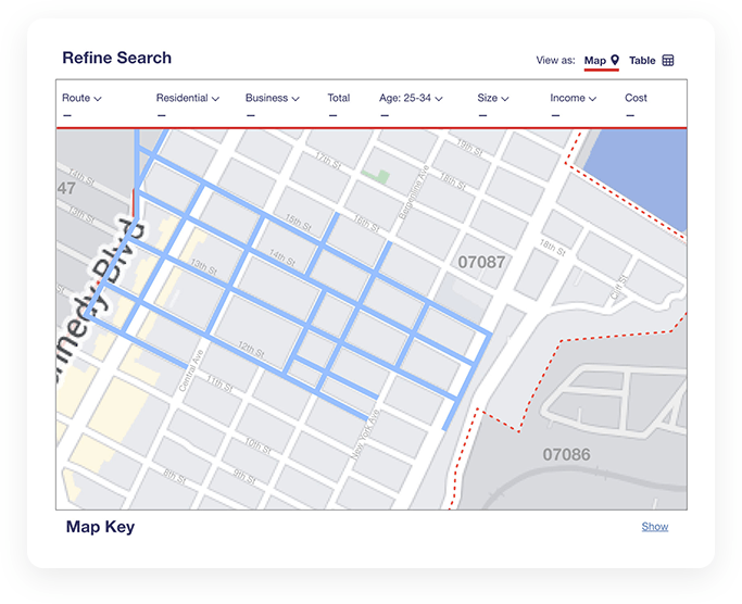 Screenshot from actual EDDM map tool with route and demographic selections made