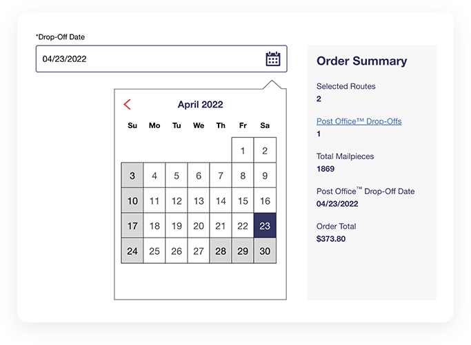 Screenshot from actual EDDM map tool showing/highlighting mail-drop-off-date step