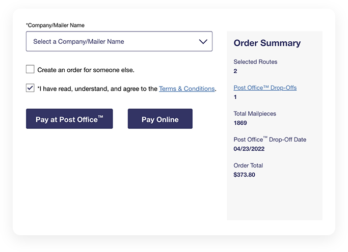 Screenshot from actual EDDM map tool showing/highlighting payment step