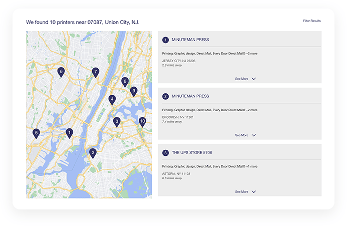 Screenshot from actual printer location tool on usps.com