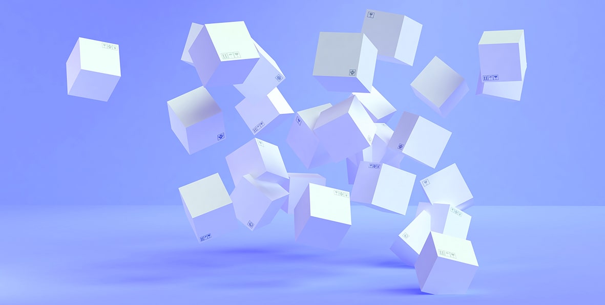 An abstract grouping of 3D boxes representing shipping trends.