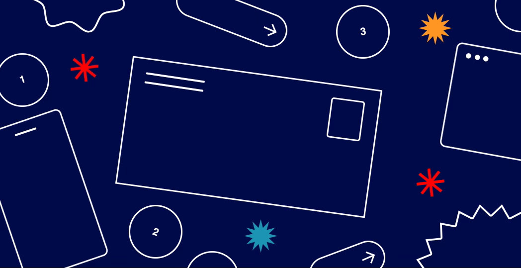 Illustration of a mailpiece, smartphone and other items relating to omnichannel marketing.