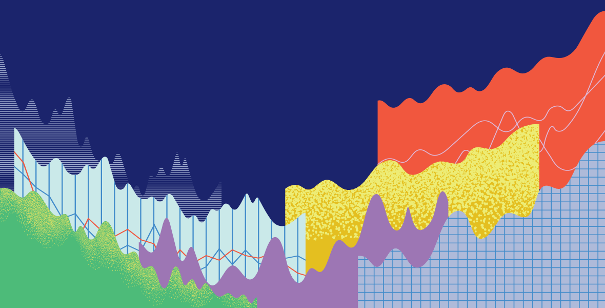 Abstract, colorful illustration representing various graphs and data points.