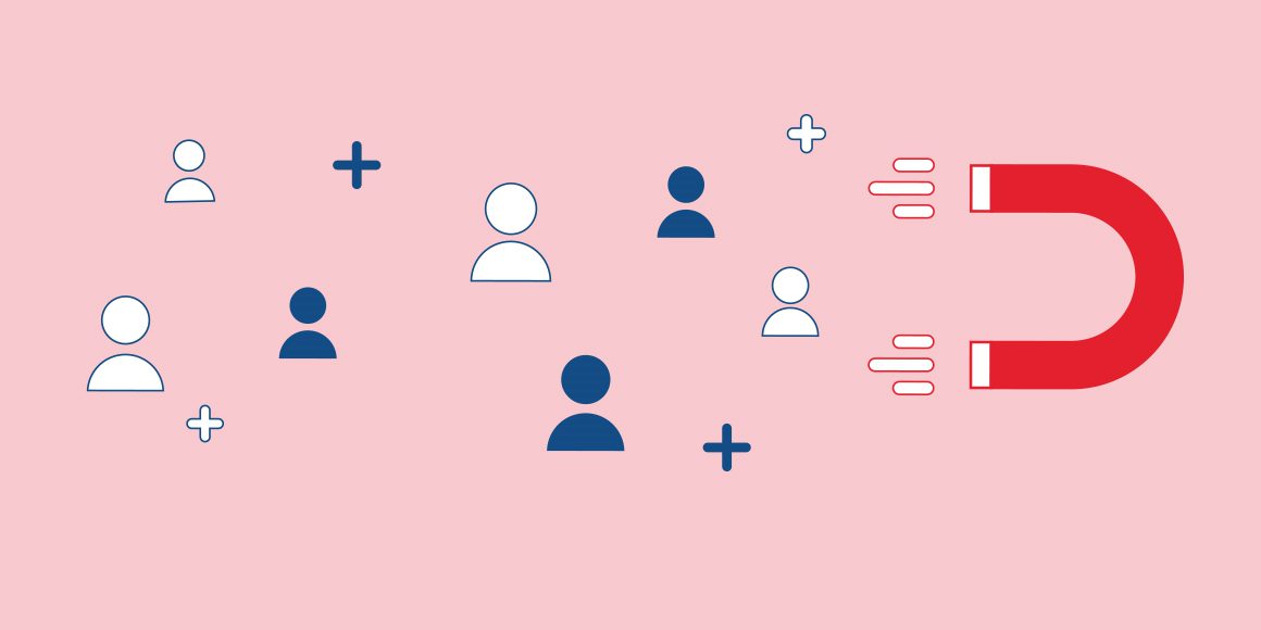 Illustration of magnet attracting people, representing businesses attracting customers.