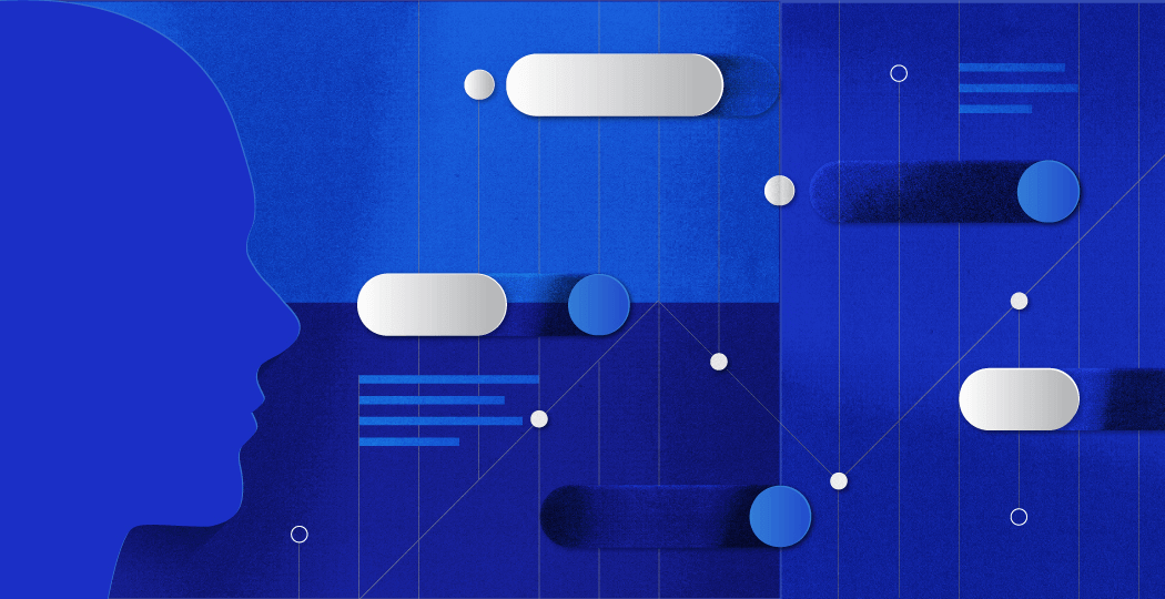 A monochromatic blue illustration with a person and various icons representing customer data.