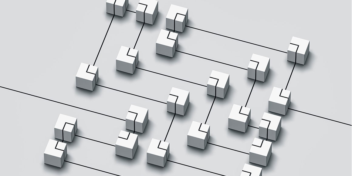 Various interconnected cubical shapes representing the innerworkings of blockchain.