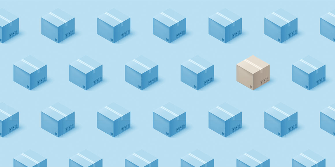 A brown box and many blue boxes lining up on blue background.