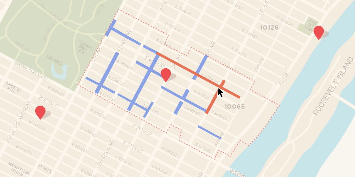 A map of New York City with blue and red routes.