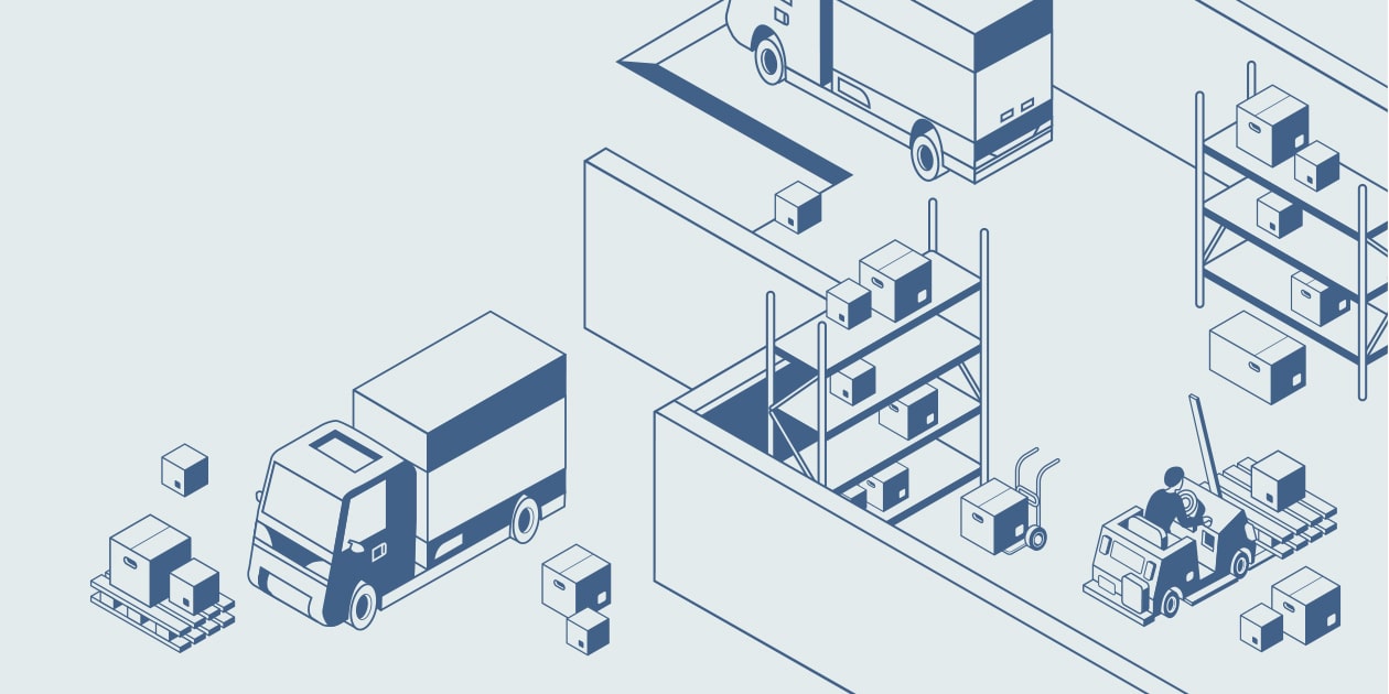 Illustration of vehicles moving boxes in and out of a warehouse.