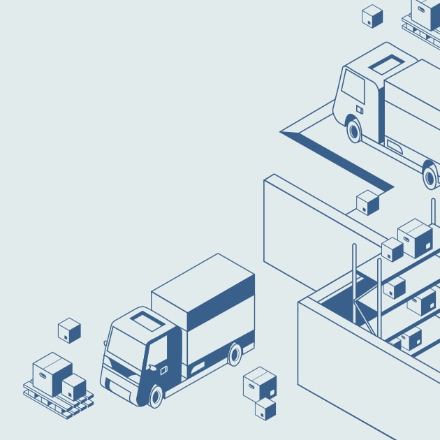 Illustration of vehicles moving boxes in and out of a warehouse.