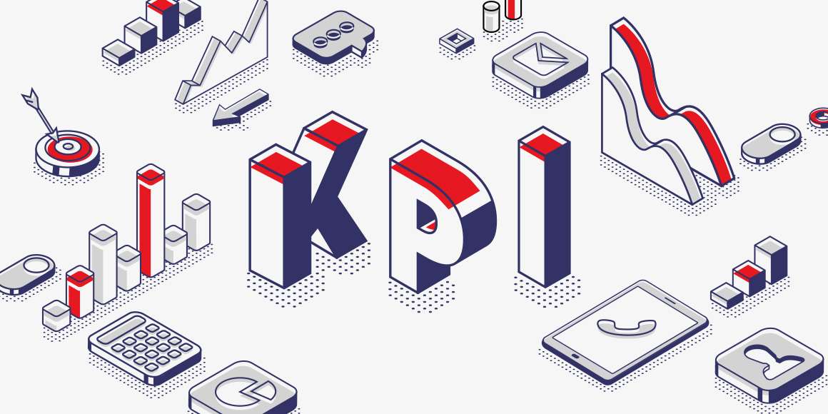 “KPI” in block letters, with illustrations representing various key performance indicators.