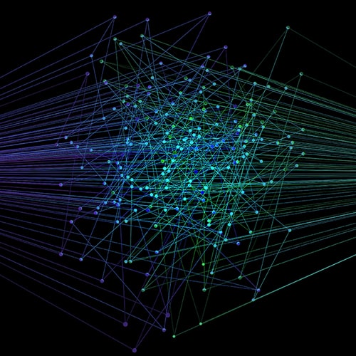 Abstract illustration of intersecting green and blue lines, representing connected campaigns.