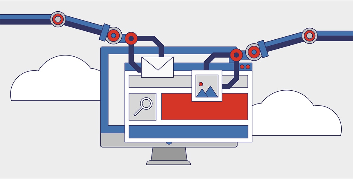 Robotic arms reach into a computer monitor, adding pieces to a webpage.