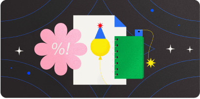 Abstract illustration depicting a birthday mailpiece, a notepad and a promotional discount.