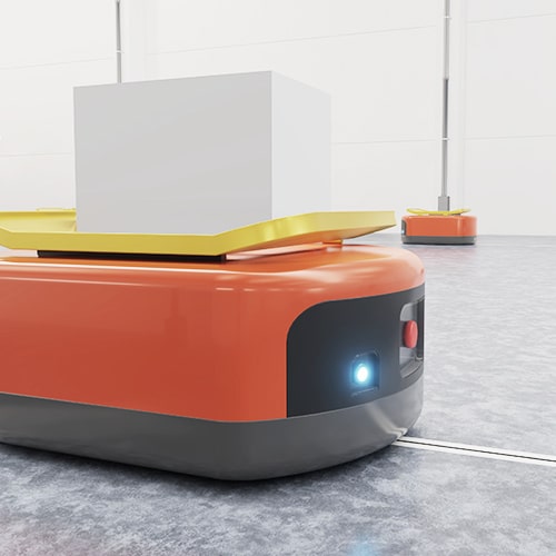 A robot on a track moving an item in a warehouse.