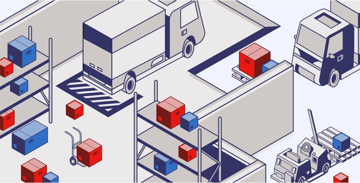 Illustration of shipments navigating a finely tuned warehouse process.
