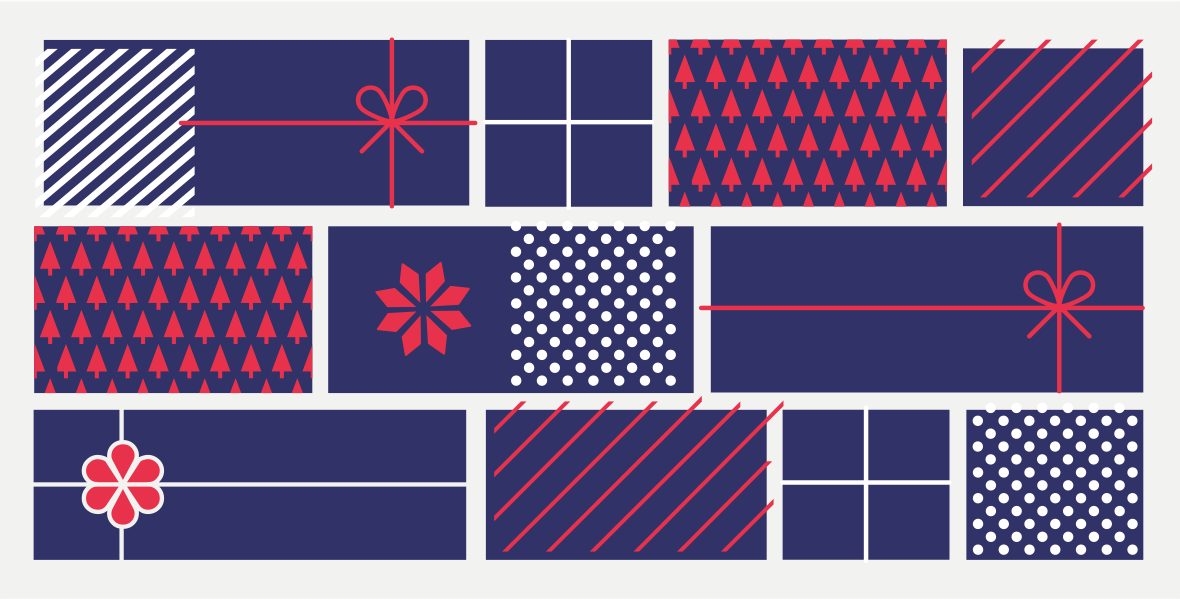 Abstract illustration of blue, red and white holiday gifts.