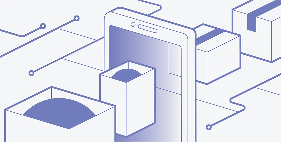 An illustration of shipping boxes passing through a cell phone.