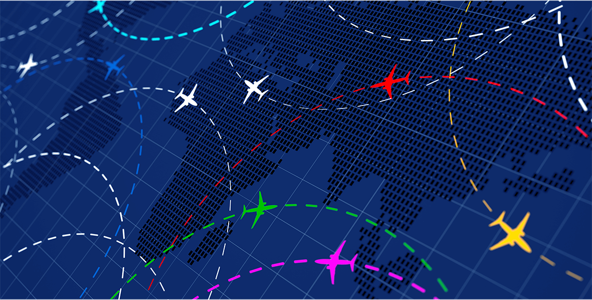 Airline routes with planes on blue background.