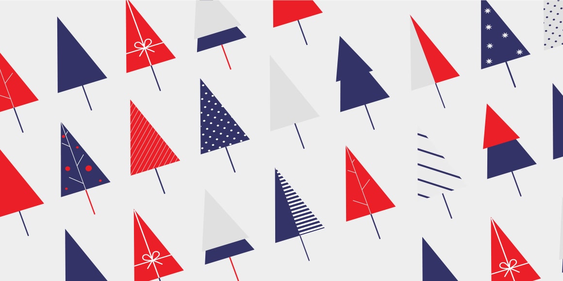 Abstract illustration of red, blue and white Christmas trees.