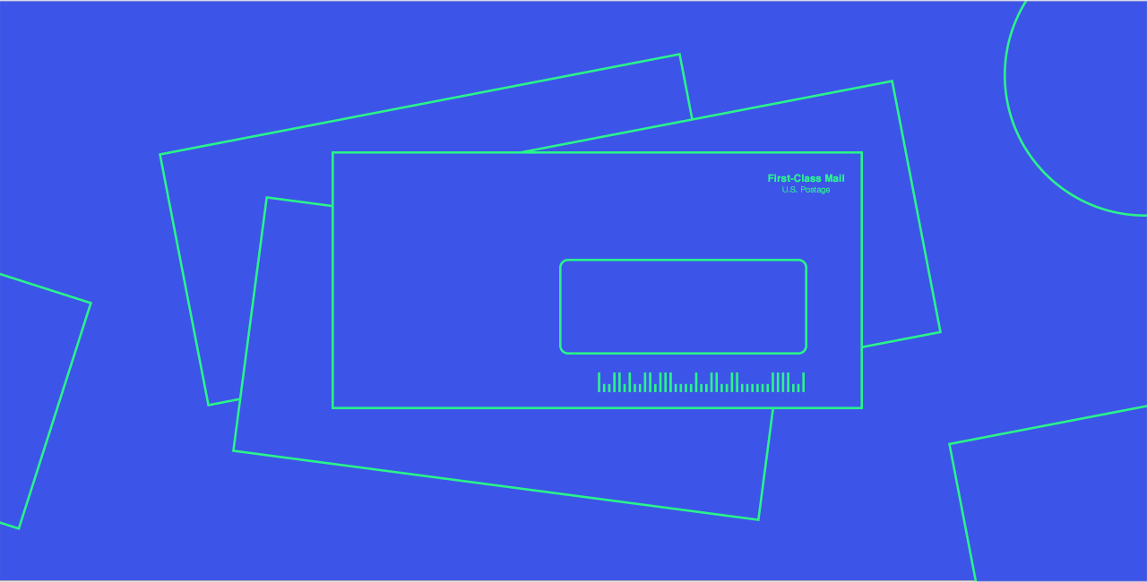 An illustration depicting first-class mail envelopes with U.S. postage.