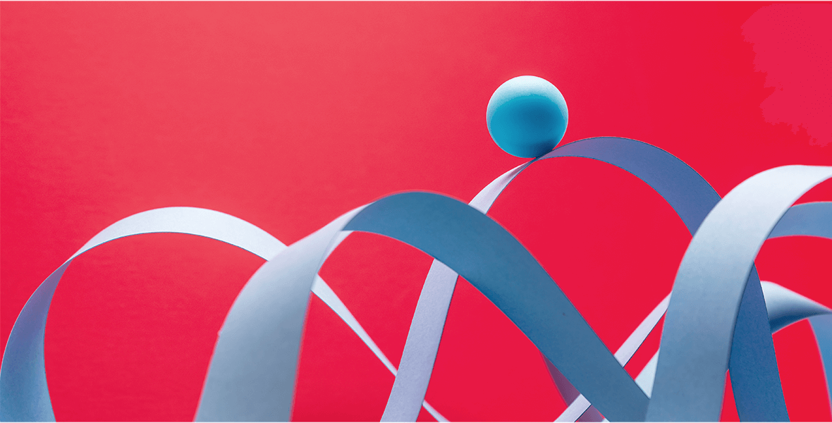 Abstract blue shapes over a red background.