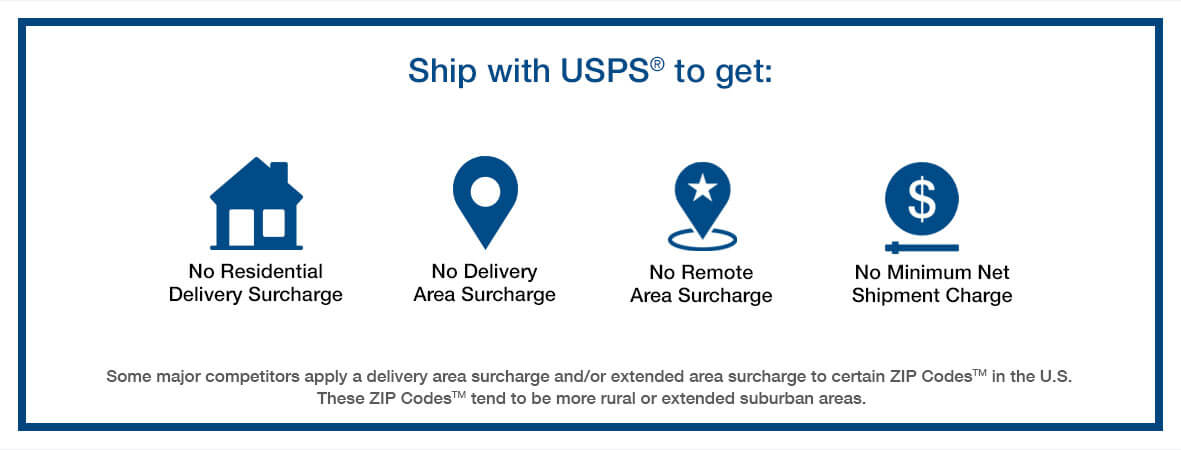 Ship with USPS® to get: - No Residential Delivery Surcharge - No Delivery Area Surcharge - No Remote Delivery Area Surcharge - No Minimum Net Shipment Charge Some major competitors apply a delivery area surcharge and/or extended area surcharge to certain ZIP Codes™ in the U.S. These ZIP Codes™ tend to be more rural or extended suburban areas.
