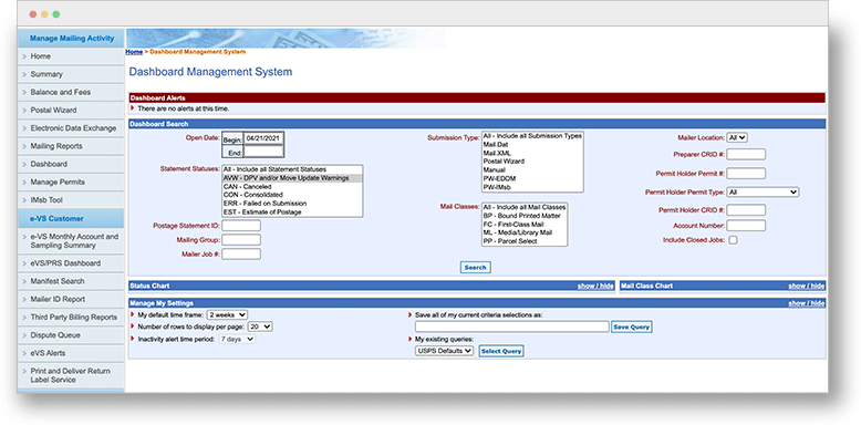 A screenshot of the USPS Business Customer Gateway Dashboard Management System.