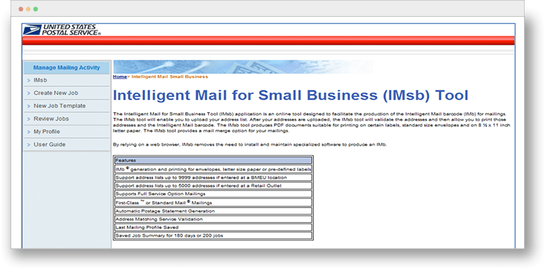 A screenshot of the USPS Intelligent Mail for Small Business Tool.
