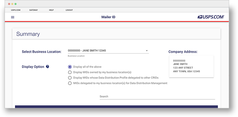 A screenshot of the USPS Business Customer Gateway Summary Page.