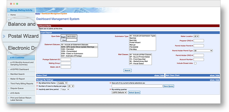 A zoom in of the Postal Wizard on the navigation bar of the USPS Dashboard Management System.