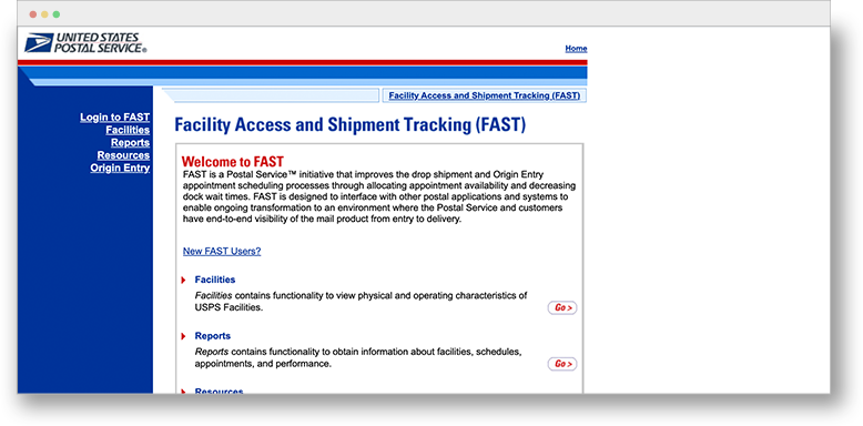 A screenshot of the USPS Facility Access and Shipment Tracking tool.