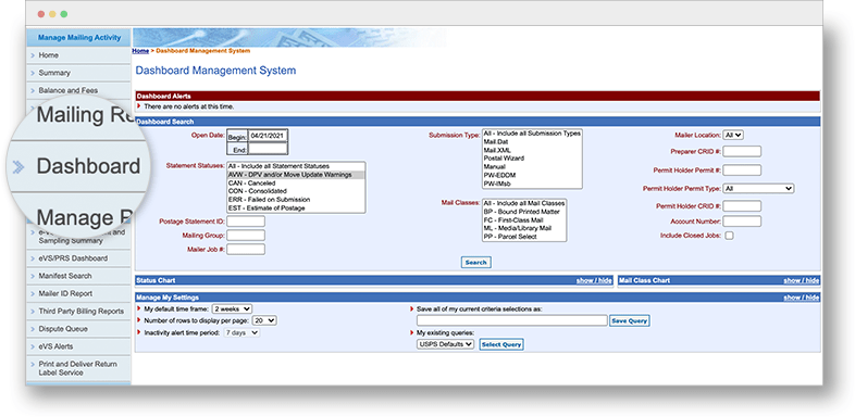 A zoom in of the Dashboard on the navigation bar of the USPS Dashboard Management System.