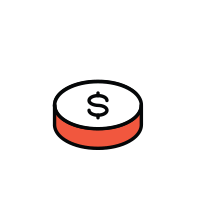 A red and white button pressed in with a dollar sign on the top.