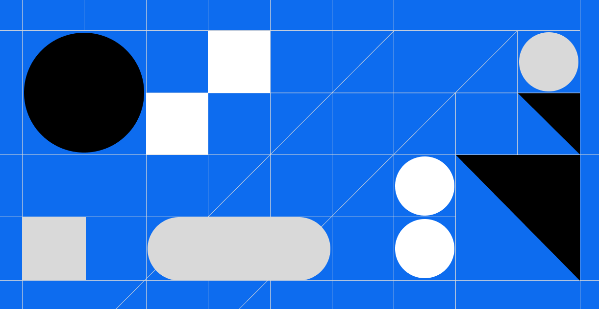 Abstract shapes of various sizes and colors arranged across a blue gridded background.