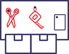 Icons depicting a tape measure and a pair of scissors hanging on a tool storage wall.