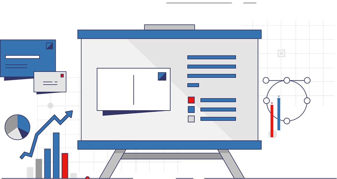 Artwork depicting postage stamps, envelopes, and analytics.