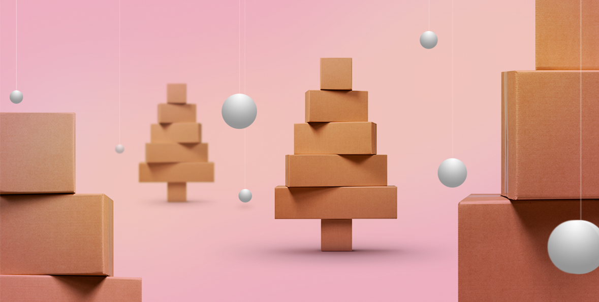 Shipping packages arranged to create Christmas tree shapes.