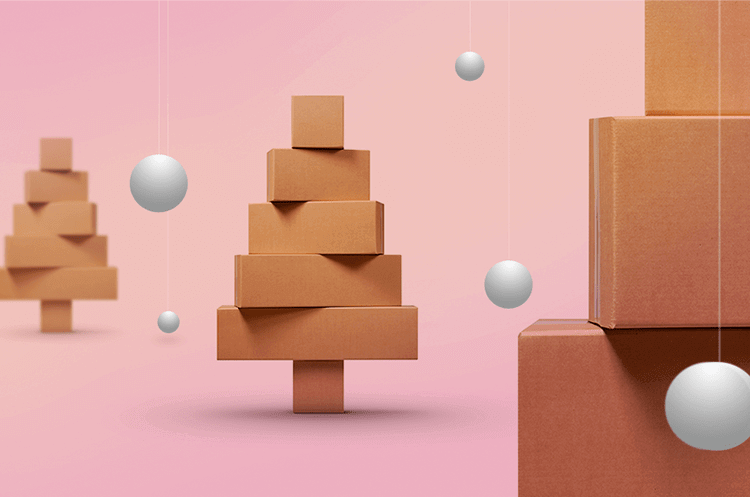 Shipping packages arranged to create Christmas tree shapes.