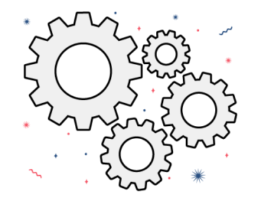 Illustration of four interlocking gears surrounded by small icons of different shapes and colors.