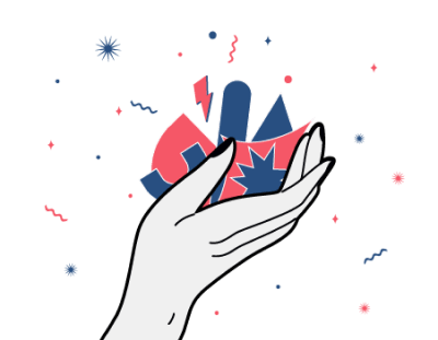Illustration of a human hand holding icons of different colors and shapes, including cash.