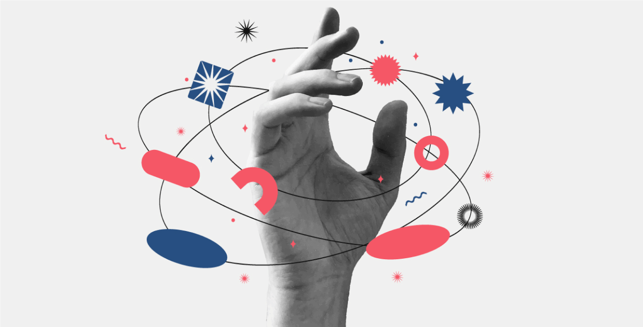 Collage of a black-and-white human hand with colorful illustrated shapes in orbit around it.